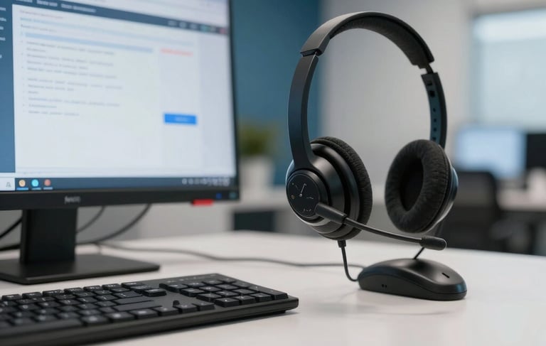 A professional and modern tele-service workstation in a South American Brazilian office. A clean desk with a high-quality headset and a computer screen showing a clear interface. The background is a sophisticated office interior with medium blue accents and soft lighting that conveys reliability and efficiency. High-quality photography, sharp focus.
