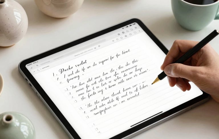 A high-quality lifestyle photograph of an artist's digital workspace, showcasing an iPad with elegant handwriting templates, surrounded by cozy ceramic ornaments and a freshly brewed cup of coffee. Warm and bright lighting with a color palette of soft creams, sage green, and sand brown.