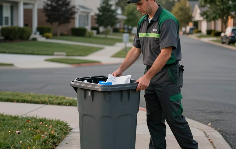 A clean, high-end residential street in a North American Dayton suburb at dusk. A professional service technician in a charcoal and green uniform is returning a sanitized, gleaming trash bin to a neatly maintained driveway. The lighting is cinematic and sharp, emphasizing cleanliness and professional reliability.