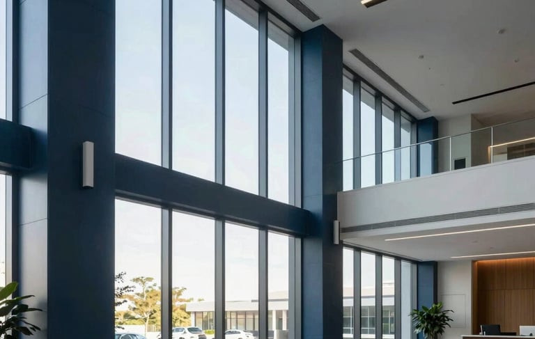 A wide-angle professional photograph of a modern, clean North American corporate lobby with floor-to-ceiling windows. The scene features soft daylight filtering through, highlighting a sophisticated architectural design with dark blue and light blue accents. No people are visible, emphasizing a sense of calm reliability and high-standard excellence.