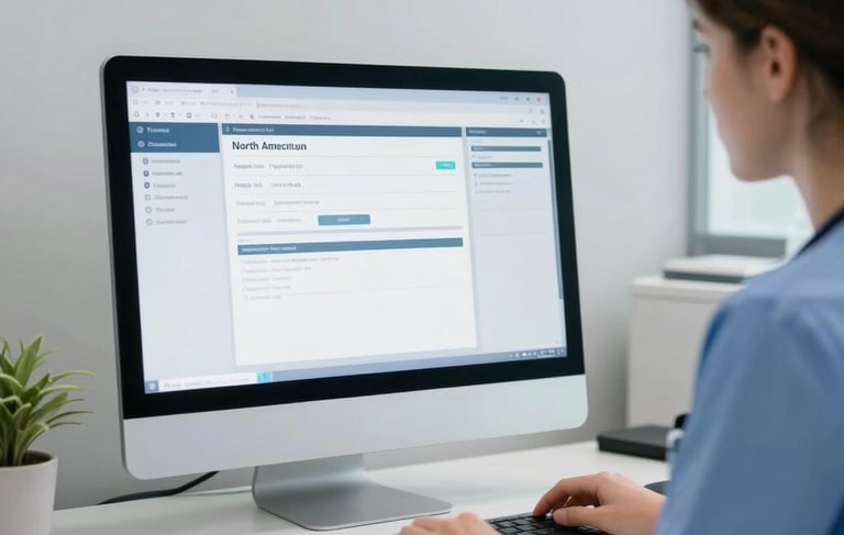 A clean, bright North American / US medical office setting where a healthcare professional is reviewing sophisticated software on a modern computer screen. The workspace is minimalist and professional, featuring a palette of light gray and dark navy, conveying trust, innovation, and efficiency.