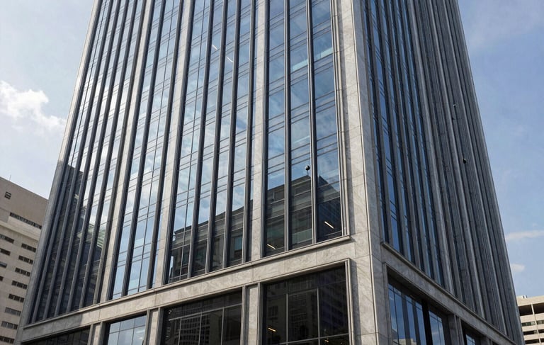 A high-end modern office building in São Paulo, South American architectural style, reflective glass windows, soft daylight, professional and secure atmosphere, incorporating navy blue and silver gray tones in the environment.