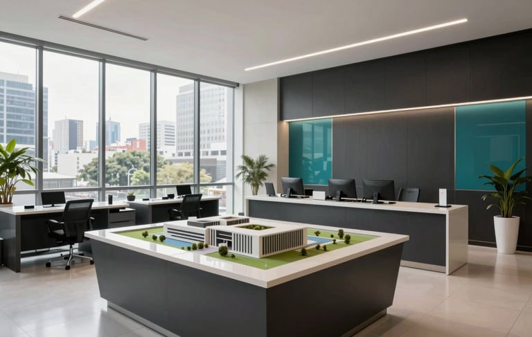 Professional eye-level photography of a modern commercial real estate valuation office in Mexico City. The space features clean lines, architectural models on polished desks, and large floor-to-ceiling windows with urban views. Color palette includes dark slate and teal accents. Professional Latin American / Mexican setting, bright morning light, 8k resolution.
