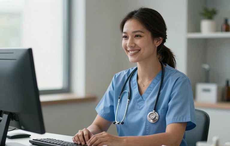 A professional North American nurse wearing light blue scrubs and a warm smile, sitting at a desk in a clean, modern medical office. Soft natural lighting from a window creates a comforting atmosphere of clinical expertise. High-quality photography, sharp focus on the nurse's friendly expression.