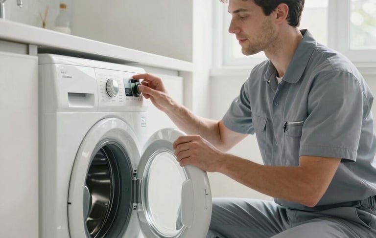 A high-quality photography of a bright, modern Scandinavian-style laundry room in a European / Spanish home. A professional technician in a subtle light navy uniform is speaking politely to a homeowner while inspecting a sleek white washing machine. Soft morning light, natural textures, clean lines. Professional and trustworthy atmosphere.