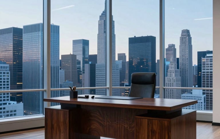 Professional photography of a sophisticated North American / US corporate library in a New York high-rise. The scene features a heavy dark wood desk and floor-to-ceiling windows overlooking a clear metropolitan skyline at twilight. Lighting is bright and crisp, highlighting a palette of pale blue and navy blue.
