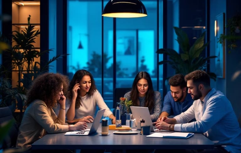 Diverse team of professionals working on laptops during a late-night office meeting for a project.