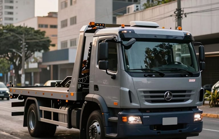 Professional photography of a premium flatbed tow truck with grey and dark blue branding, parked on a modern South American / Brazilian city street during early morning. The lighting is sharp and efficient, conveying reliability. The composition is clean, with the vehicle centered and out-of-focus urban architecture in the background.