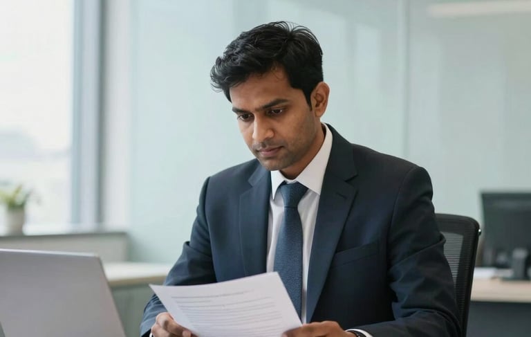A high-quality photography shot of a professional South Asian / Indian legal consultant in a bright, modern office in Bengaluru. The person is sitting at a desk with a laptop and a neatly signed document, looking helpful and confident. The background features clean architectural lines in light blue and soft white tones, with gentle natural light streaming through a window.