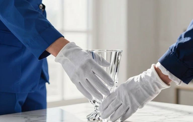 A close-up photograph of a professional's hand in a white glove adjusting a crystal vase on a polished marble surface in a minimalist, sun-drenched North American penthouse. Cobalt blue and crisp white accents. Prestigious mood, soft morning light.