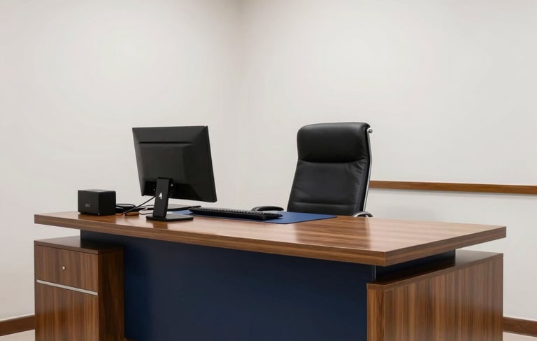 A high-end, professional South American law office interior in Cuiabá, featuring a polished wooden desk, navy blue accents, and white walls. The lighting is natural and bright, conveying a sense of transparency and trust. No people visible, only the clean, modern legal workspace.