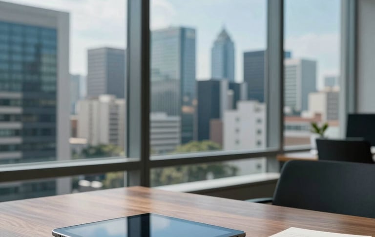 Professional photography of a contemporary office in a South American / Hispanic metropolitan area during the day. Through a large window, a glimpse of a modern city skyline. In the foreground, a sleek wooden desk with a digital tablet and a clean notebook. The lighting is bright and airy, using a palette of dark blue and light blue tones to evoke trust, innovation, and digital efficiency.