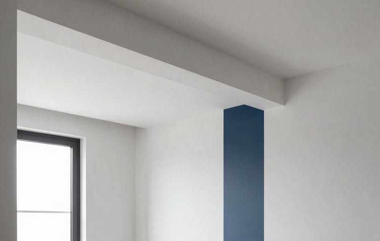 Architectural photography of a clean, modern apartment renovation in Braga, Northern Portugal. The scene highlights perfectly finished white Pladur walls and a seamless ceiling with integrated light troughs. The style is professional and minimalist, with soft natural light entering from a large window. Accents of slate blue and dark blue in the decor.