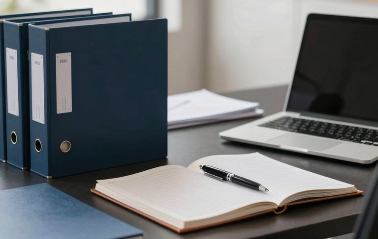 A professional and clean photography of a modern administrative office in South American Brazil, featuring an organized desk with folders, a pen, and a high-end laptop. The lighting is bright and natural. The color palette includes touches of dark navy and muted blue, with a professional ochre accent on a notebook. The composition is a sharp, eye-level shot emphasizing order and efficiency.