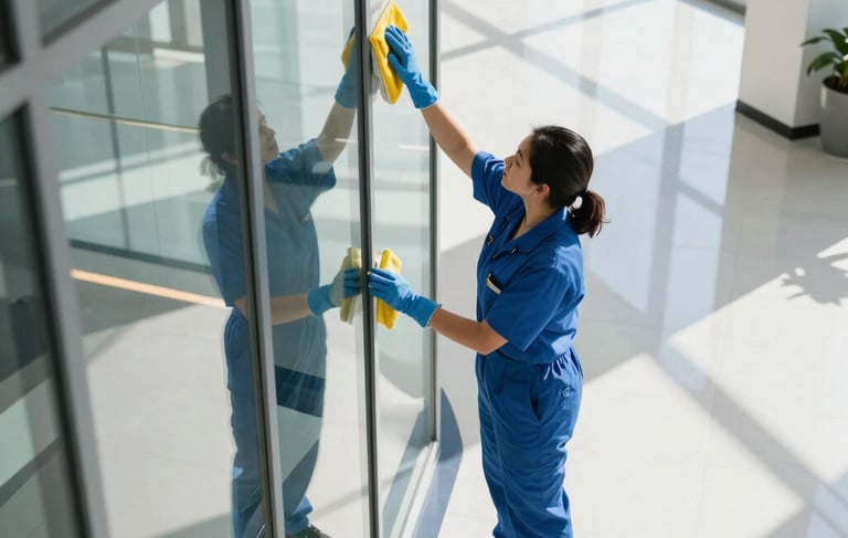 A high-angle, professional photograph of a modern, sunlit corporate office lobby in Long Island City, North American / US. A cleaning professional in a clean blue uniform and gloves is efficiently polishing a large glass surface. The scene is bright and airy with polished white floors and blue accents, emphasizing hygiene and corporate professionalism.