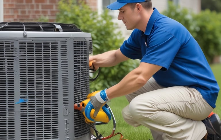 Technician repairing an air conditioning unit on a sunny Dallas rooftop.