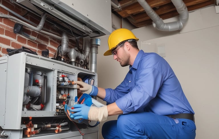 Close-up of a modern furnace installation inside a cozy home.