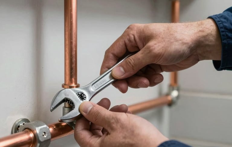 Close-up high-quality photograph of a professional plumber's hand adjusting a chrome wrench on a copper pipe in a North American / US residential basement setting, efficient lighting, clean and modern aesthetic with navy blue and gray tones.