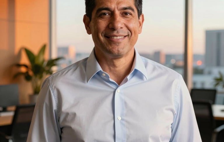 A professional portrait of a mentor in a modern office in Miami, Latinoamerica / EE.UU., wearing a crisp shirt, looking friendly and approachable at the camera, warm natural lighting from a large window, Sunset Orange accents in the background decor, professional photography style.