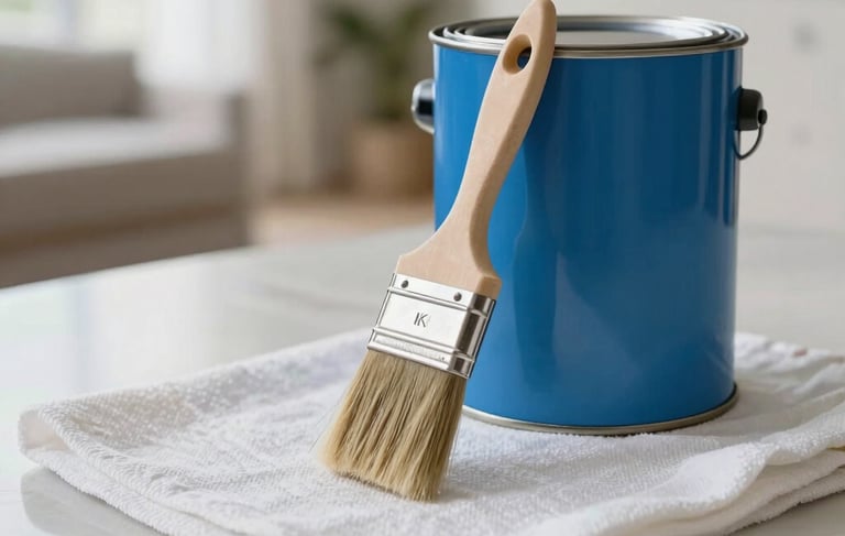 A close-up photograph of a professional painting setup in a bright, modern Florida home. A high-quality paintbrush rests on a clean white drop cloth next to a sealed blue paint can. The lighting is natural and bright, showcasing a clean and trustworthy workspace. 4K resolution, realistic style.