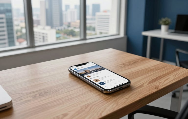 A high-angle professional photography shot of a modern creative office in Jakarta, Indonesia. On a wooden desk, a smartphone displays social media analytics. The room has large windows showing a urban skyline, clean lines, and soft daylight. The aesthetic is modern and efficient, incorporating dark blue and off-white tones.