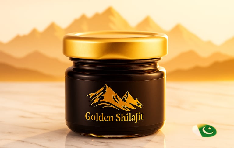 a jar of Golden shilajit with a mountain in the background