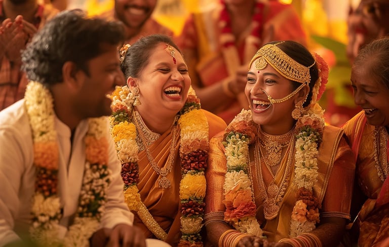 a bride and groomsmid are laughing and laughing