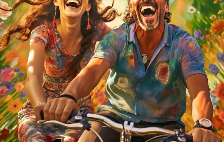 a man and woman riding a bicycle in a field