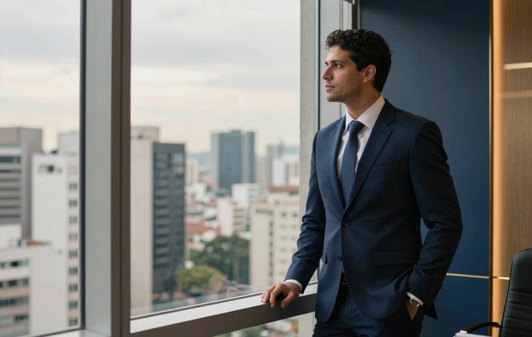 Professional photography of a modern law office in São Paulo, Brazil. A South American lawyer in professional attire stands by a window with a city view. Soft afternoon lighting, atmosphere of trust and empathy, with subtle navy blue and gold accents in the interior design.