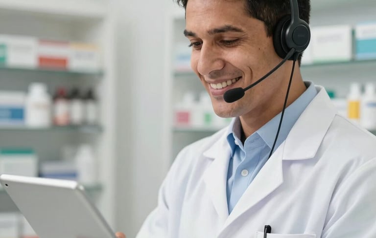 A close-up photograph of a South American / Brazilian professional pharmacist in a bright, modern clinic setting, wearing a white lab coat and a discrete headset, smiling with empathy while looking at a tablet. The background is a soft-focus clean pharmacy environment with Bright White and Pale Mist Gray tones.