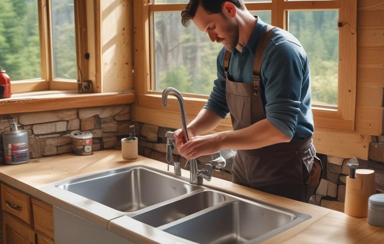 A handyman working on a home repair project with tools in hand. Installing kitchen faucet