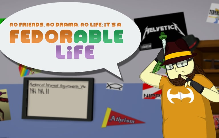 Gameplay screenshot from Fedorable Life, a comedy neckbeard simulator showing the player's bedroom.