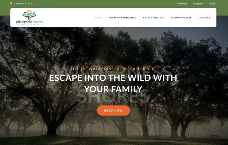 wilderness shores website banner with the tagline 'escape into the wild with your family'