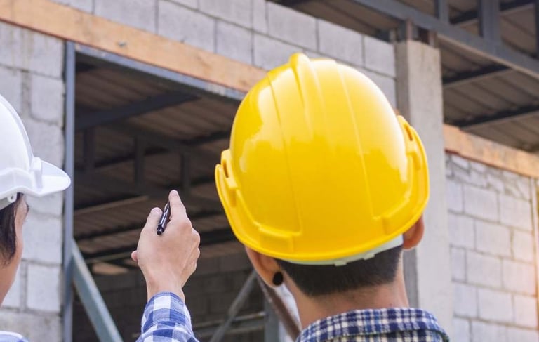 two men in hard hats and safety vests are standing in front of a building