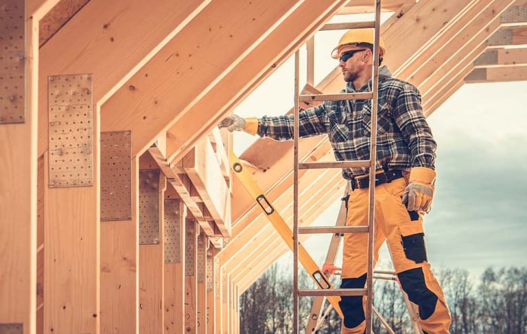 a man in a construction helmet and safety gear standing on a ladder