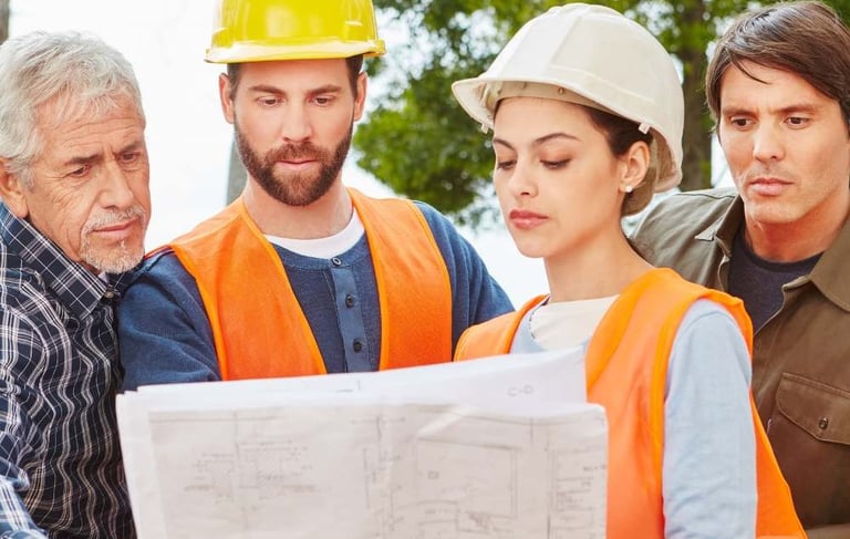 a group of people standing around a building