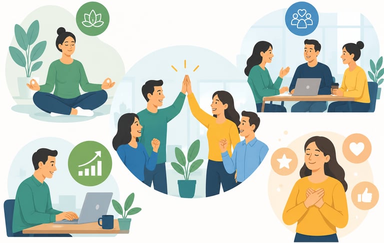 Illustration showing work-life balance through meditation, teamwork, and mental health self-care.