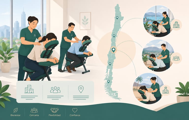 Professional corporate massage therapists providing onsite chair massage services across Chile map locations.