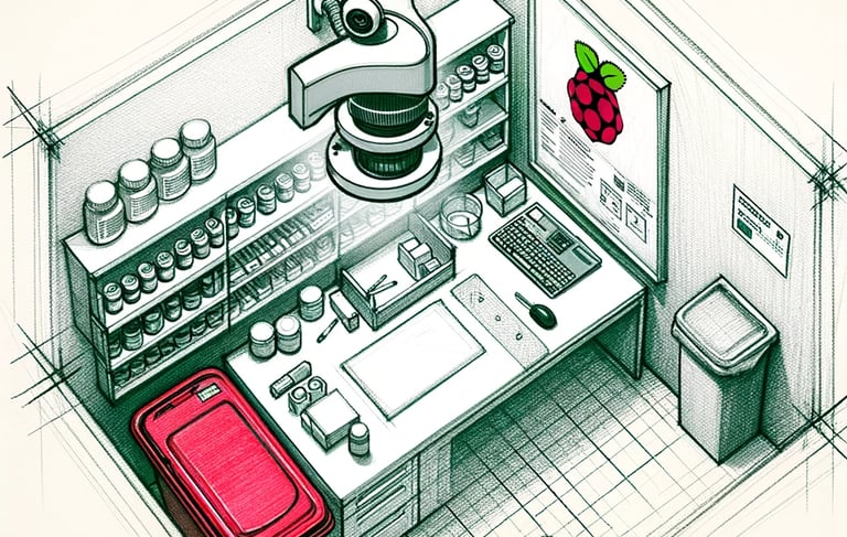 a kitchen with a red suitcase and a red suitcase