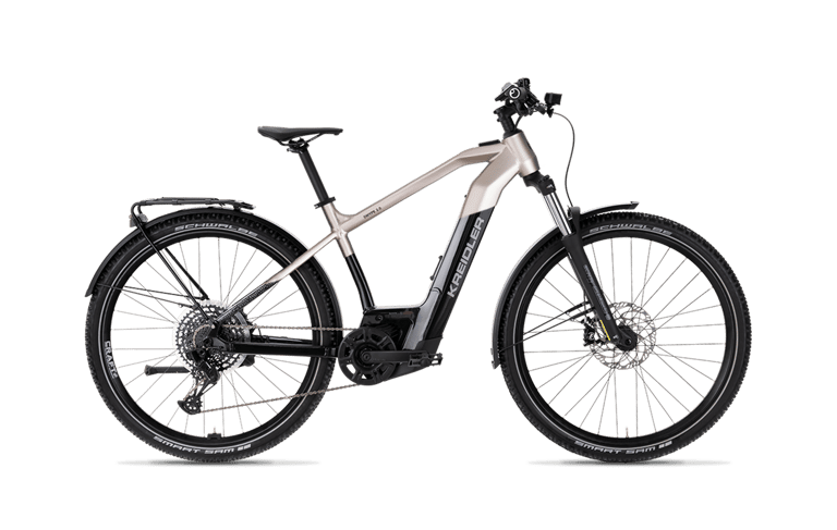 Kreidler Vitality E-Bike with champagne frame, Schwalbe tires, and integrated battery for urban commuting.