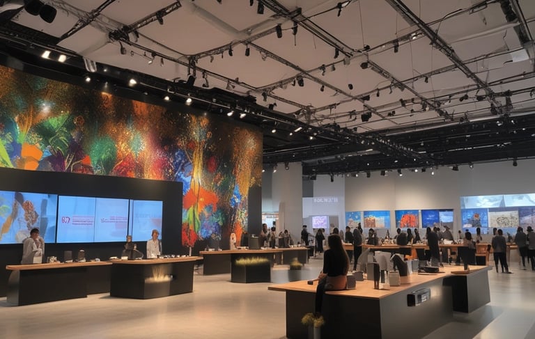 A vibrant event setup with colorful decorations and people enjoying the atmosphere.