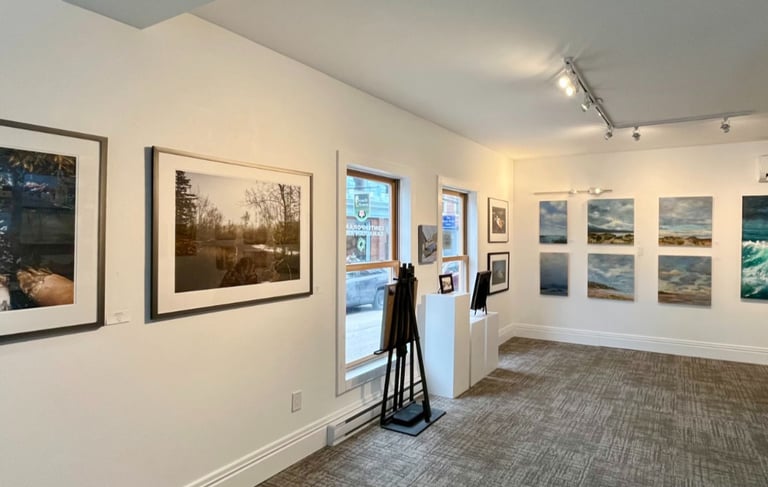 Gallery on Lincoln interior with art exhibit on display, Lunenburg, Nova Scotia (photo by Michelle Darwin)