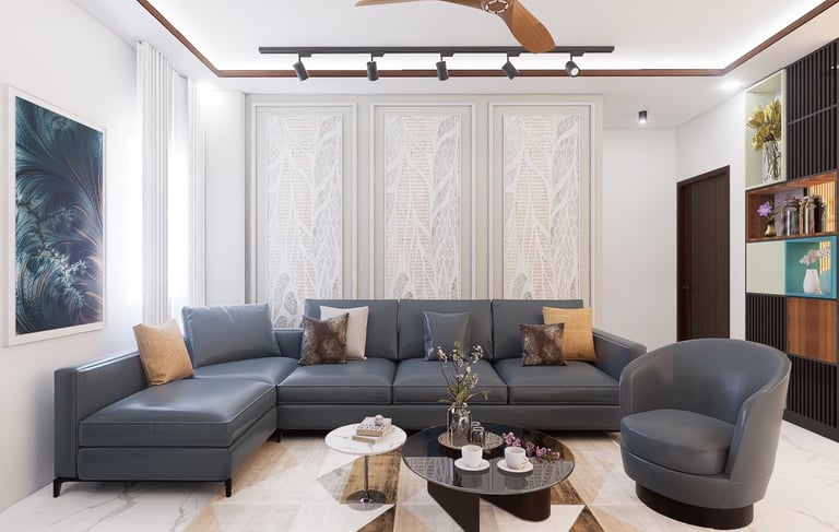 a living room with a couch and a table