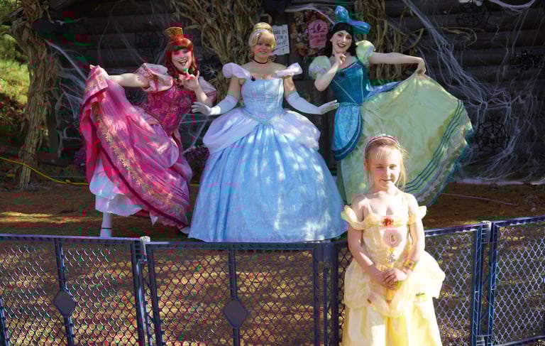 Cinderella and her stepsisters pose for a picture at a halloween event
