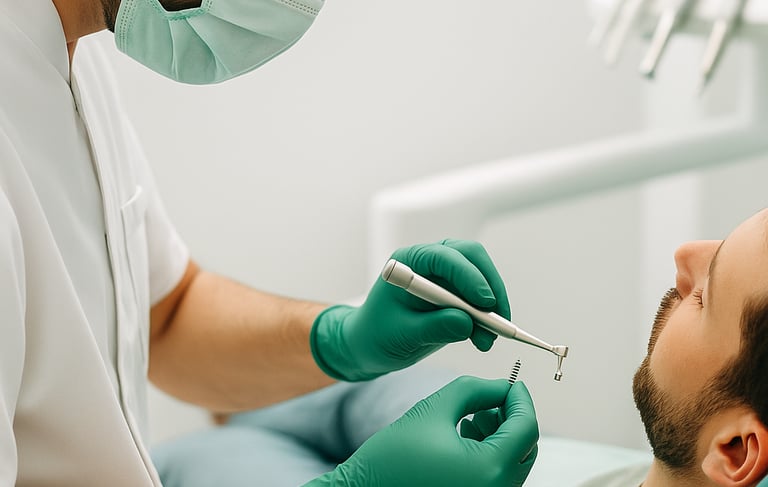 Dentiste à Marrakech posant un implant dentaire sur un patient assis dans un fauteuil moderne, instr
