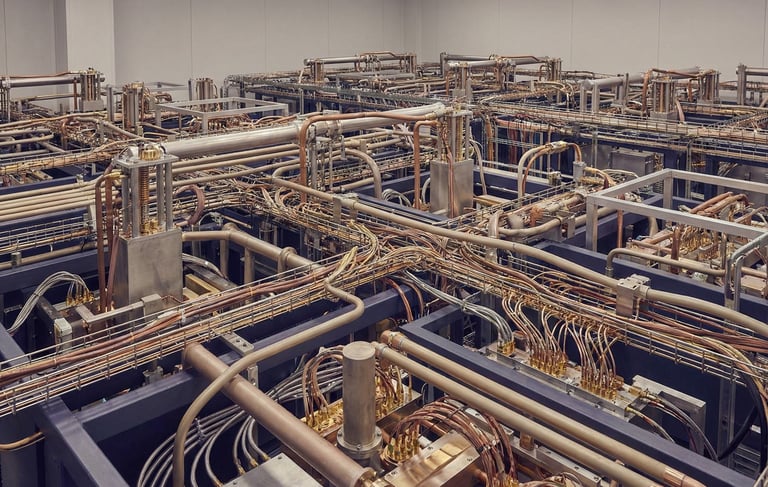 A complex system of pipes and wires for a nondescript machine.