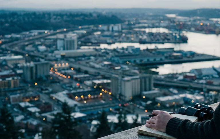 A person standing on an overlook looking down on a city waking up to the morning.