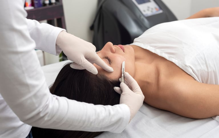 professional performing Dermaplaning treatment to brunette client