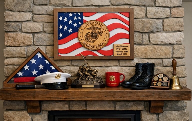 A stone fireplace mantel featuring United States Marine Corps memorabilia, an American flag, and combat boots.