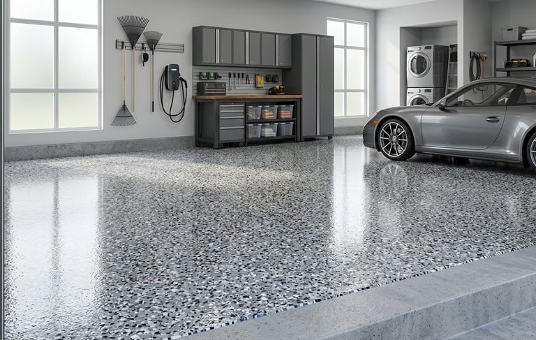 Shiny grey decorative flake epoxy garage floor coating in a modern organized garage with a sports car.